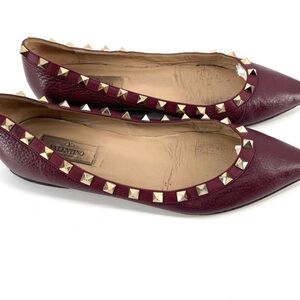 Valentino Burgundy Rockstud Accents Leather Flats
